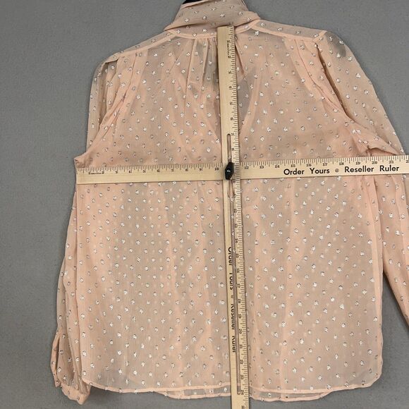 Rebecca Taylor Blouse Womens 2 Pink Tie Neck Ruffle Sheer Metallic Clip Dot Fem - Picture 12 of 15